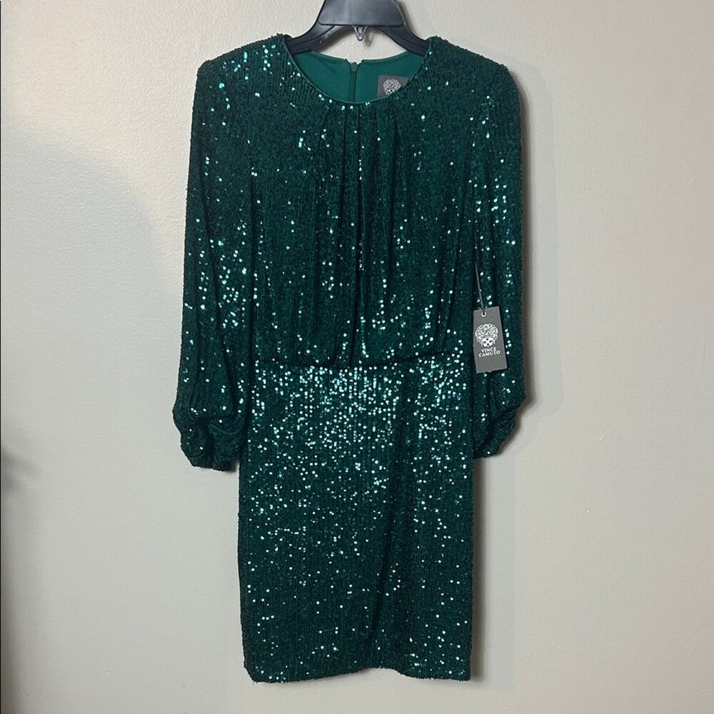 NWT Vince Camuto Hunter green sequin dolman sleeve mini dress, 2 - Picture 2 of 10